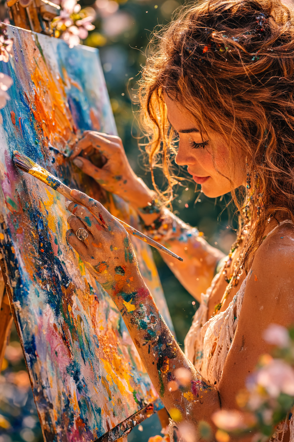 femme peignant dehors en art therapie - journal créatif - coye le foret